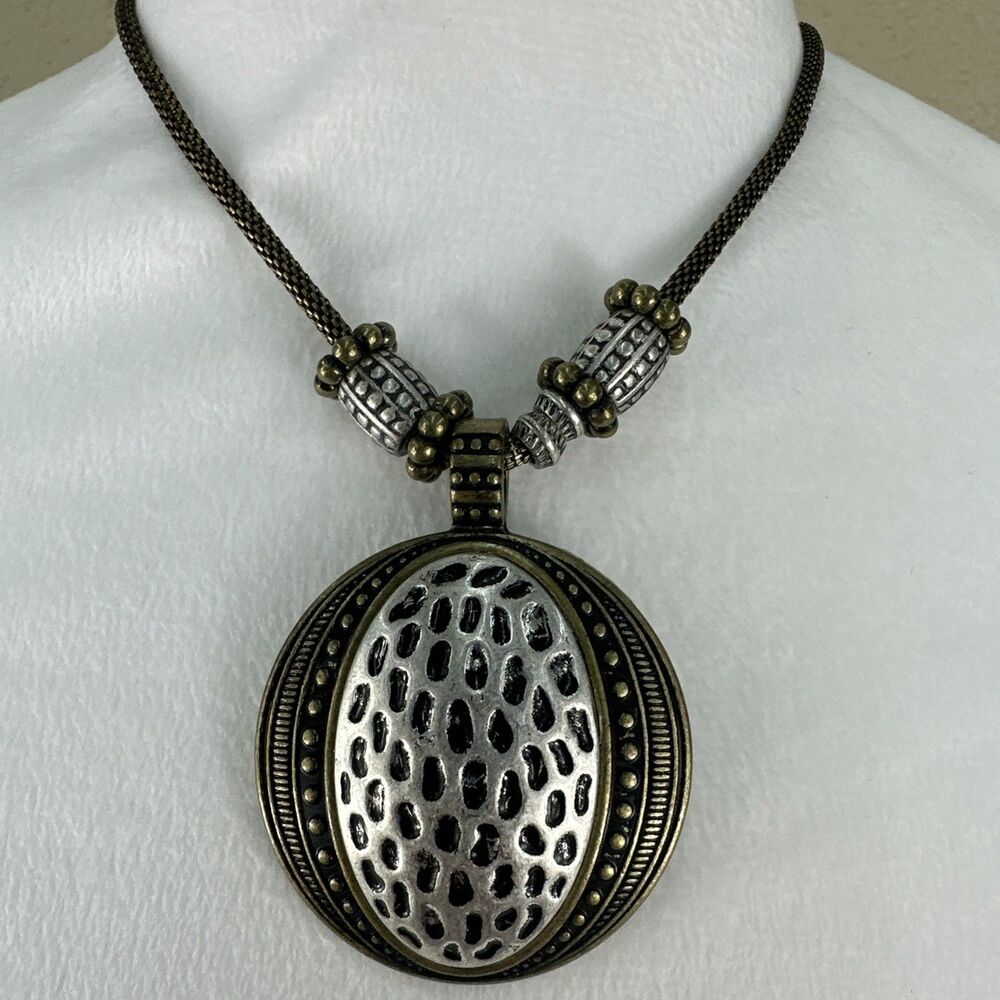 PD Two Tone Large Round Oval Pendant Necklace Boho Chunky Statement Goth Moody